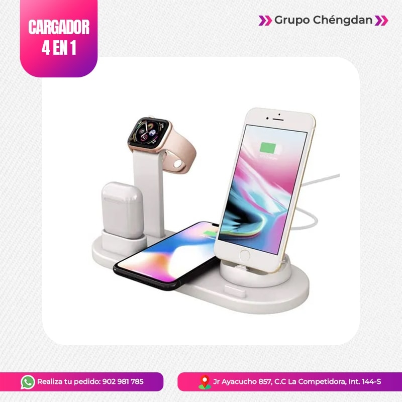 IMPORT JLM S.A.C. - CARGADOR MULTIFUNCION 4 EN 1 CON CARGA INALAMBRICA INTERMEDIA 